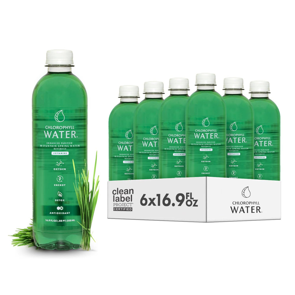 Chlorophyll Water botella frontal mostrando etiqueta limpia y beneficiode pureza