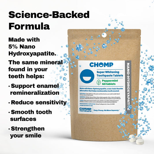 CHOMP primer plano de textura de tableta, detalle de formula sólida segura