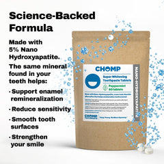 CHOMP primer plano de textura de tableta, detalle de formula sólida segura