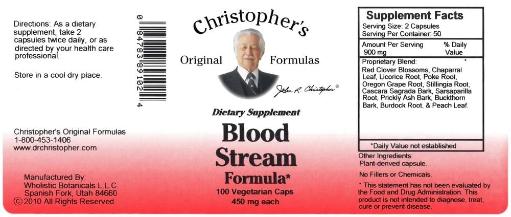Christopher's Original Formulas etiqueta con lista de hierbas y uso seguro