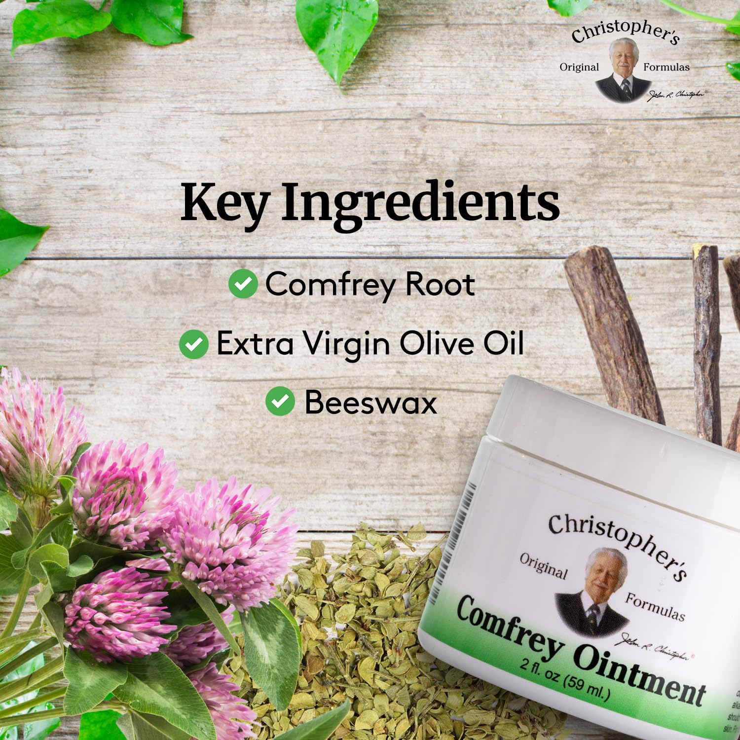 Christopher's tarro abierto con ungüento visible y beneficio de ingredientes puros