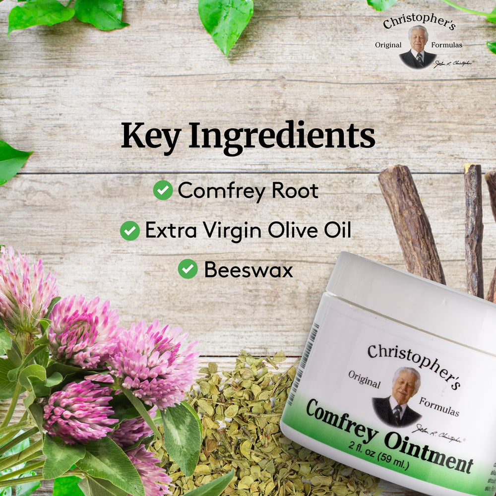 Christopher's tarro abierto con ungüento visible y beneficio de ingredientes puros