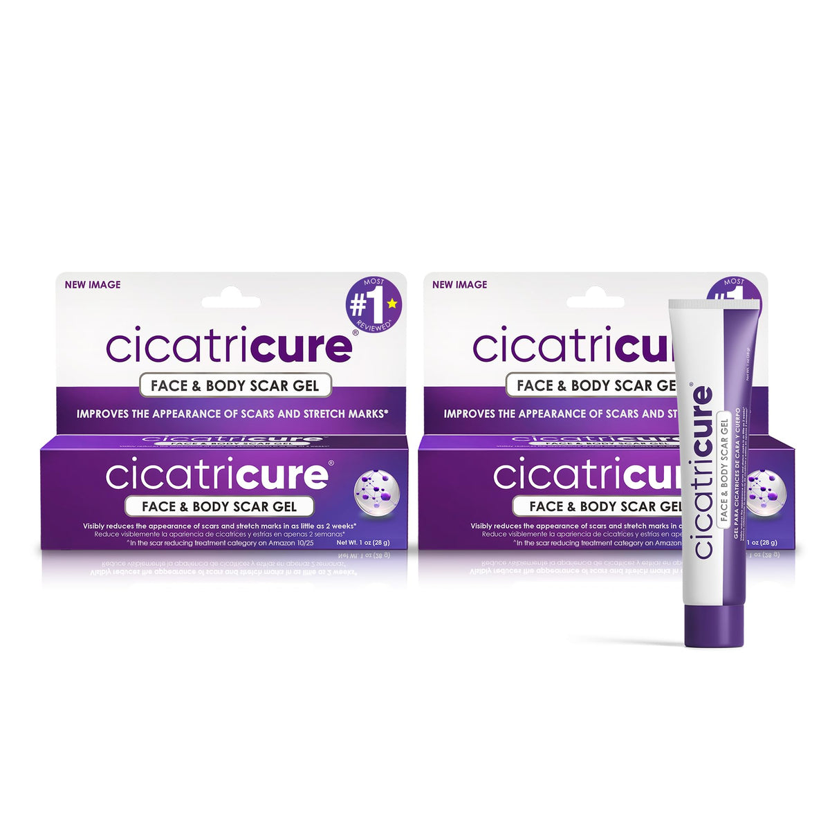 Cicatricure frente del empaque mostrando el producto y beneficios visibles
