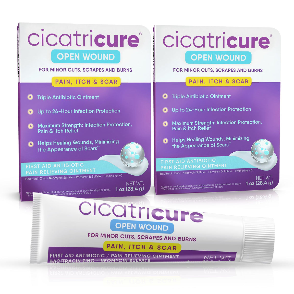 Cicatricure frontal del envase mostrando presentación 2 pack y conveniencia