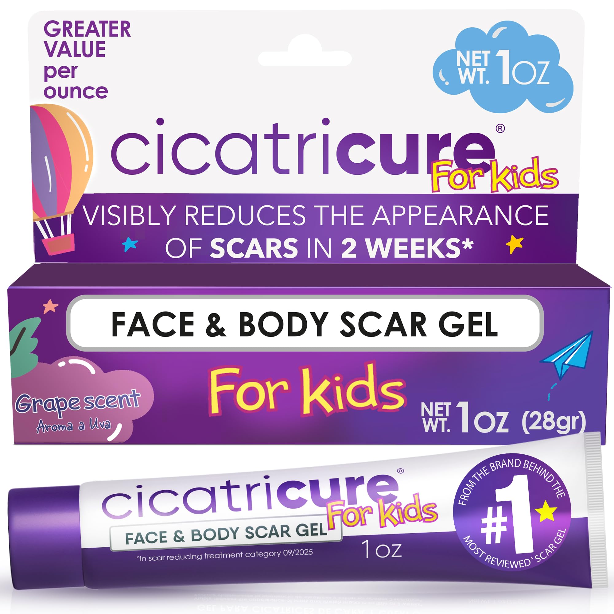 Cicatricure gel Kids frente del empaque mostrando tamaño y marca
