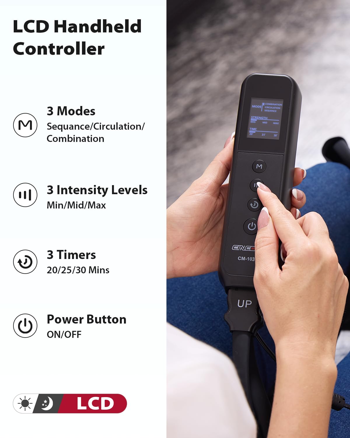 CINCOM persona usando el masajeador en casa para alivio y recuperación rápida