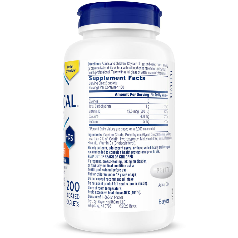 CITRACAL etiqueta nutricional mostrando calcio y vitamina D3 por porción