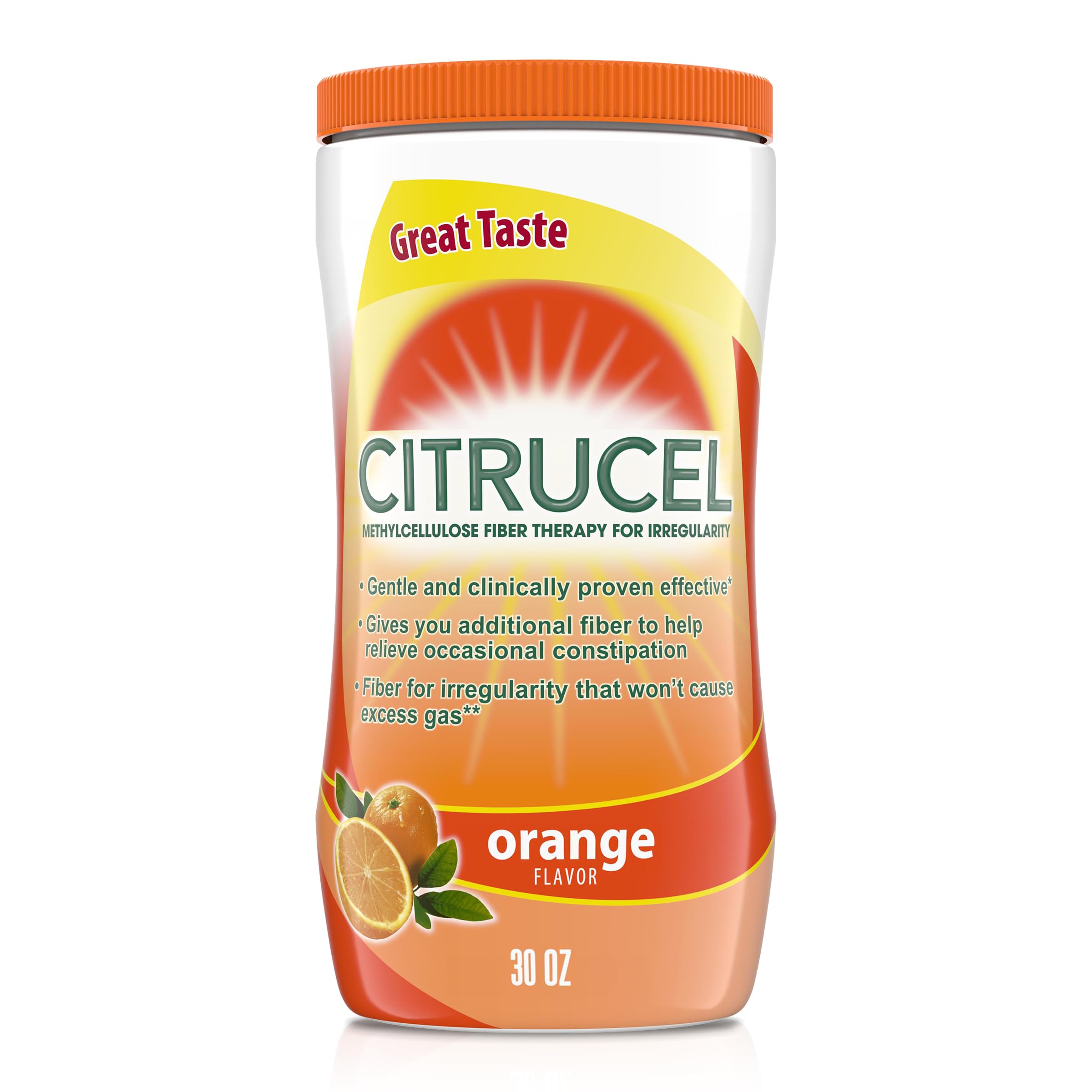 Citrucel frente del envase mostrando tamaño y sabor naranja para confianza