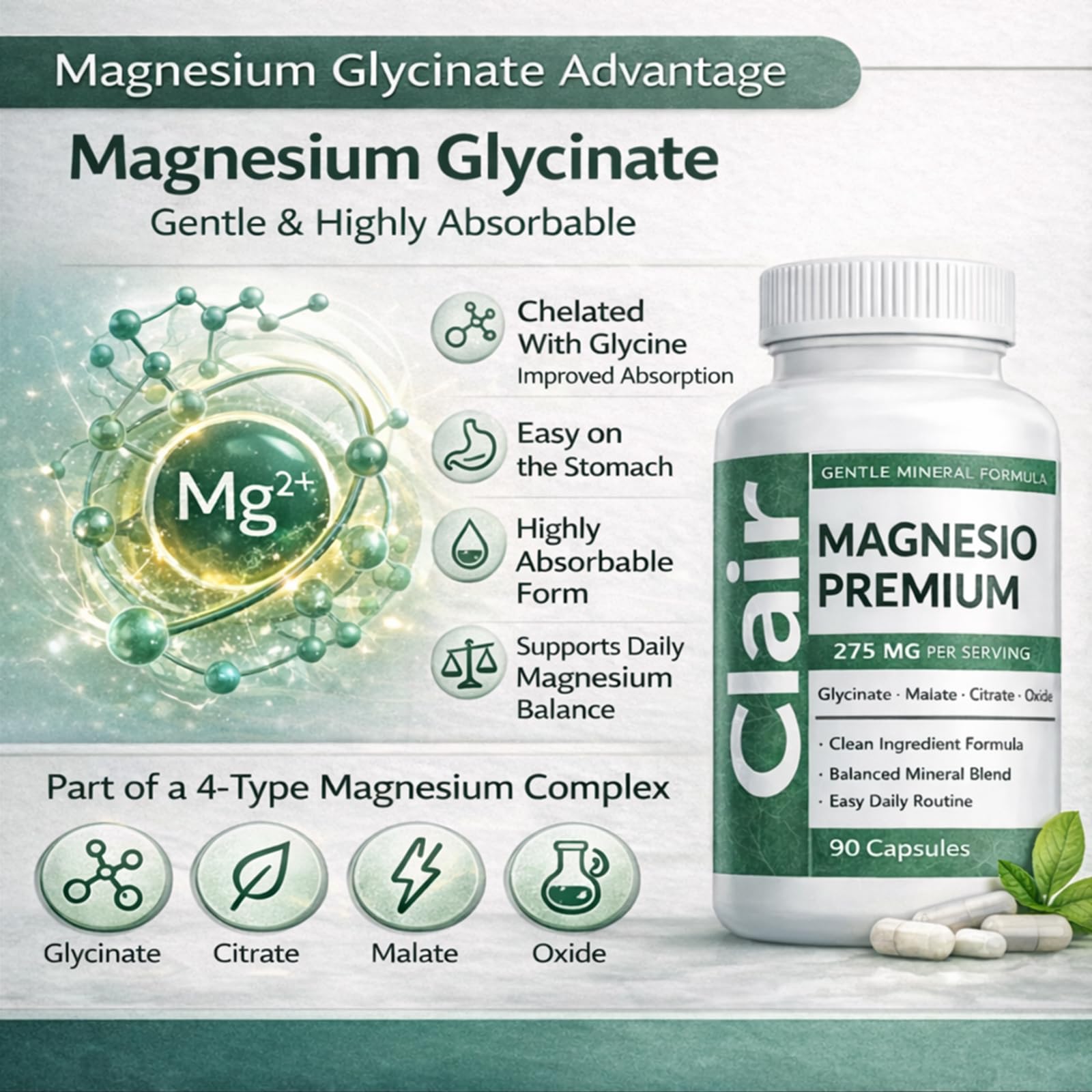 Clair Magnesio caja abierta mostrando las 90 cápsulas incluidas