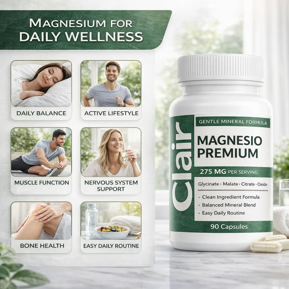 Clair Magnesio cápsulas en mano para comparar tamaño y dosis