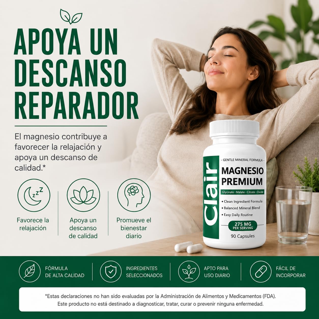 Clair Magnesio ingredientes clave organizados sobre fondo neutro