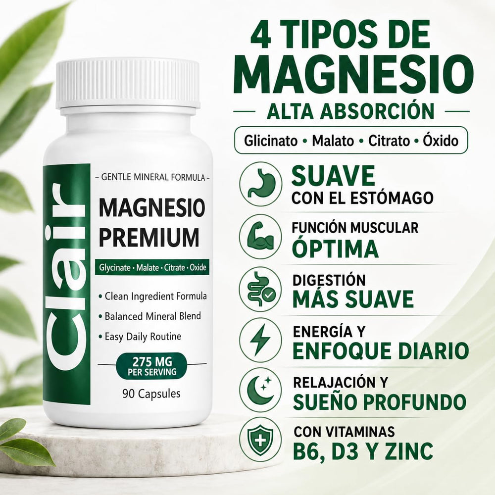 Clair Magnesio etiqueta cercana con ingredientes y beneficios