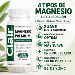 Clair Magnesio etiqueta cercana con ingredientes y beneficios