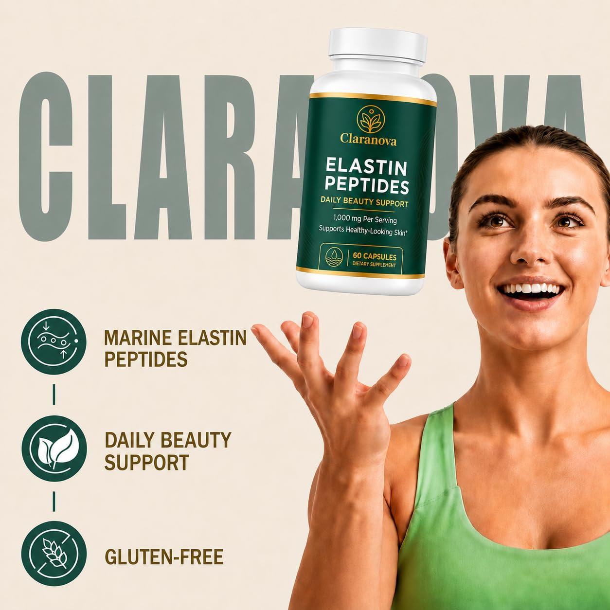 Claranova Elastin Peptides botella abierta con cápsulas listas para uso diario