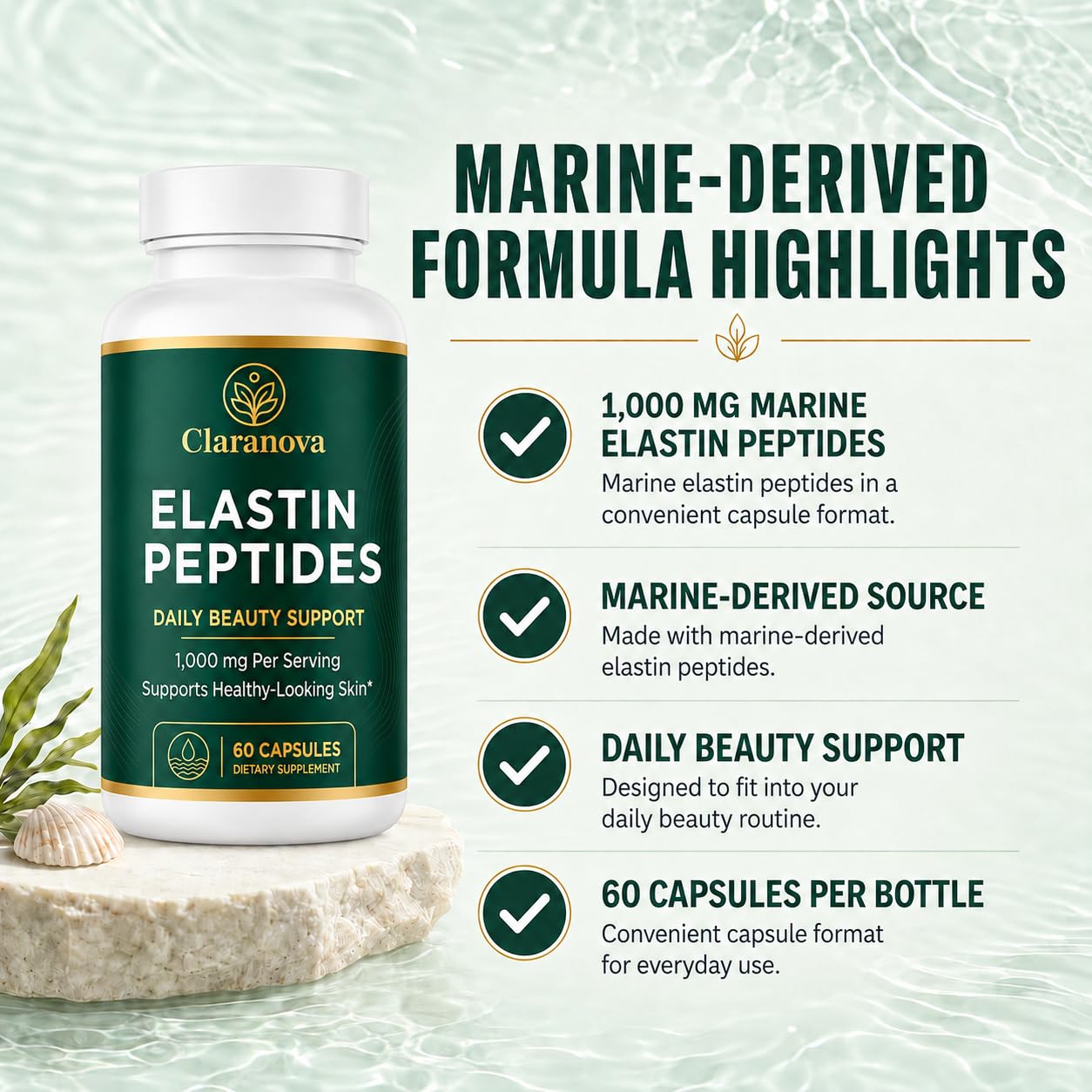 Claranova Elastin Peptides polvo dentro de cápsula resaltando textura y pureza