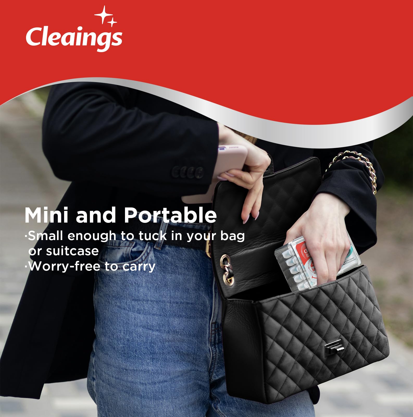 cleaings tamaño comparado con bolso portátil y práctico