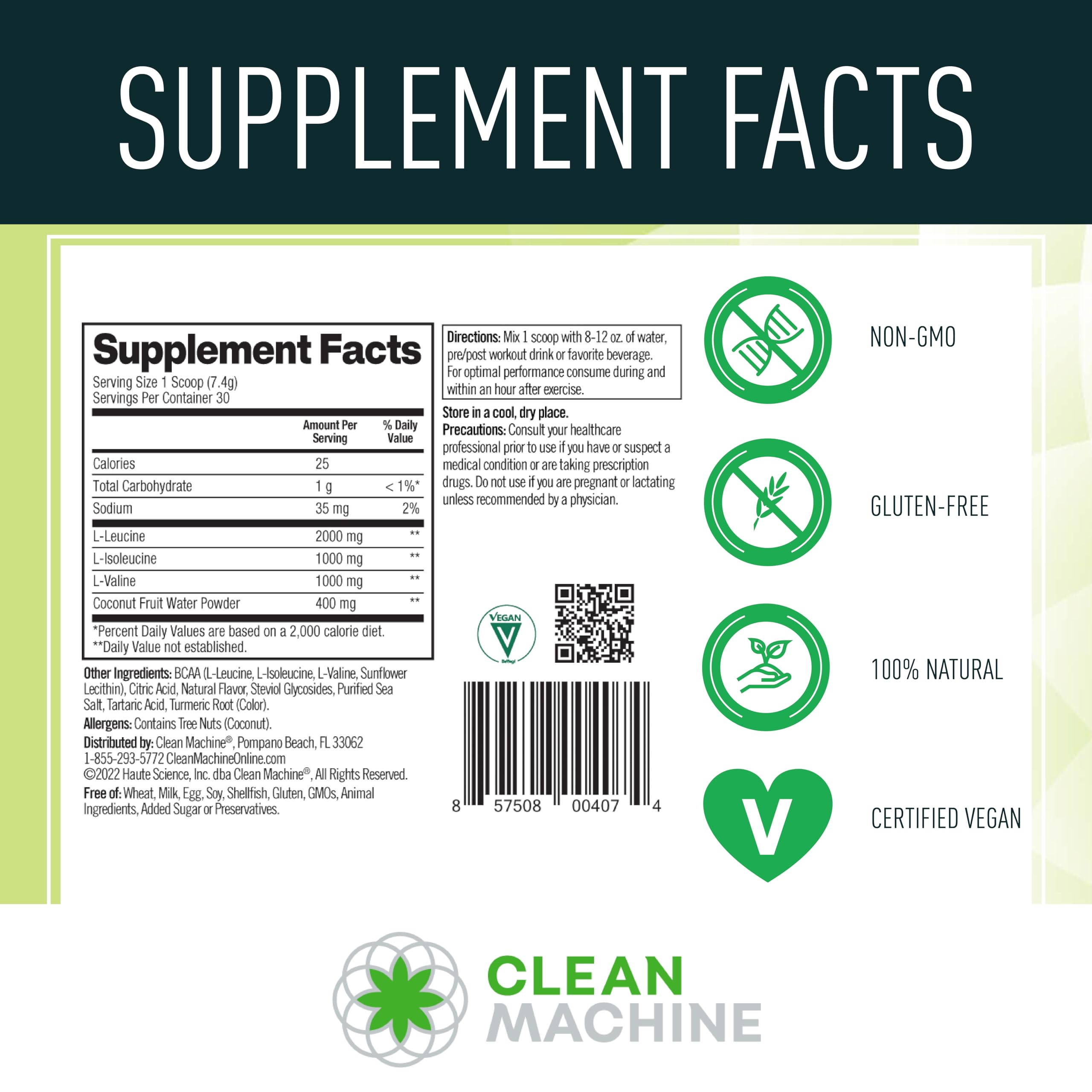 Etiqueta de ingredientes de CLEAN MACHINE destacando BCAA vegetales y electrolitos de coco