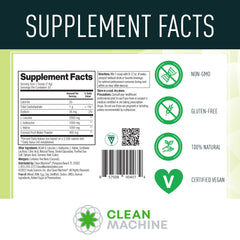 Etiqueta de ingredientes de CLEAN MACHINE destacando BCAA vegetales y electrolitos de coco