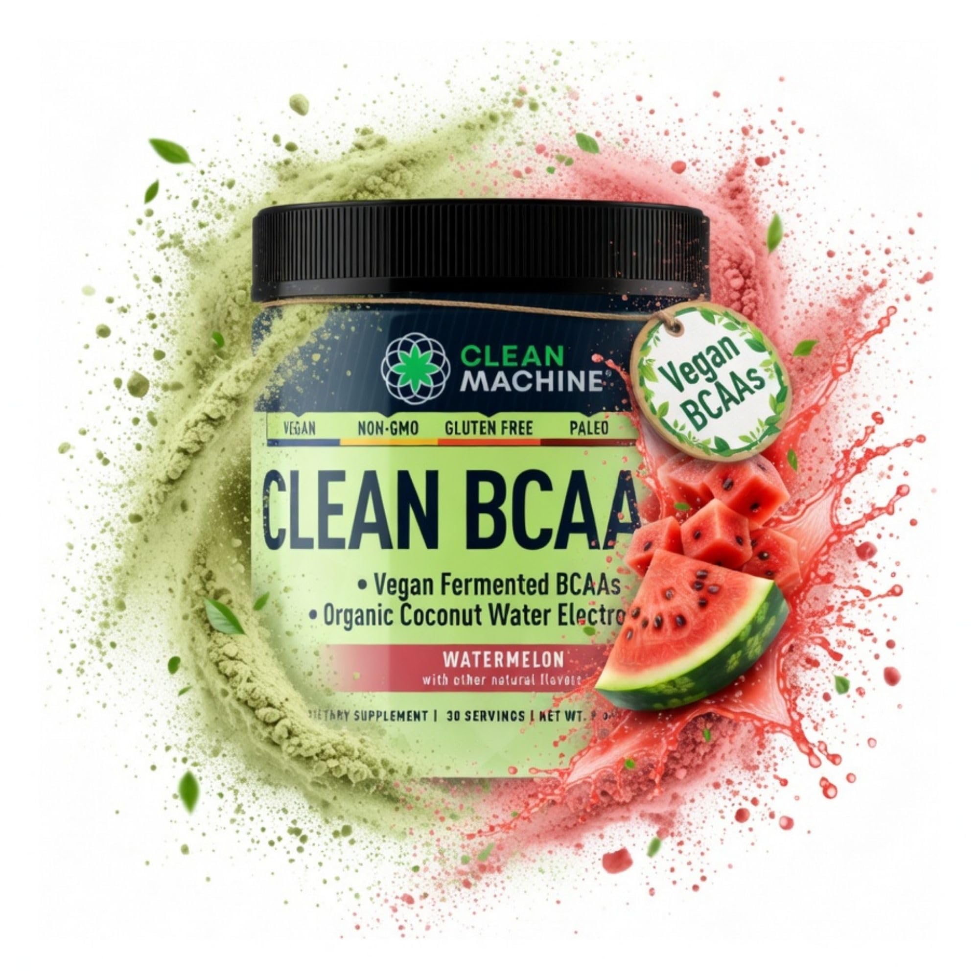 CLEAN MACHINE envase frontal del polvo BCAA con diseño claro y beneficio de recuperación