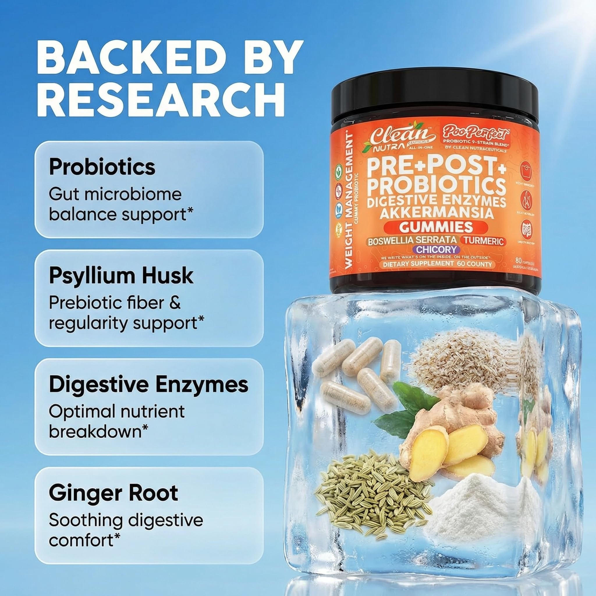 Clean Nutraceuticals botella abierta con gomitas visibles para conveniencia diaria