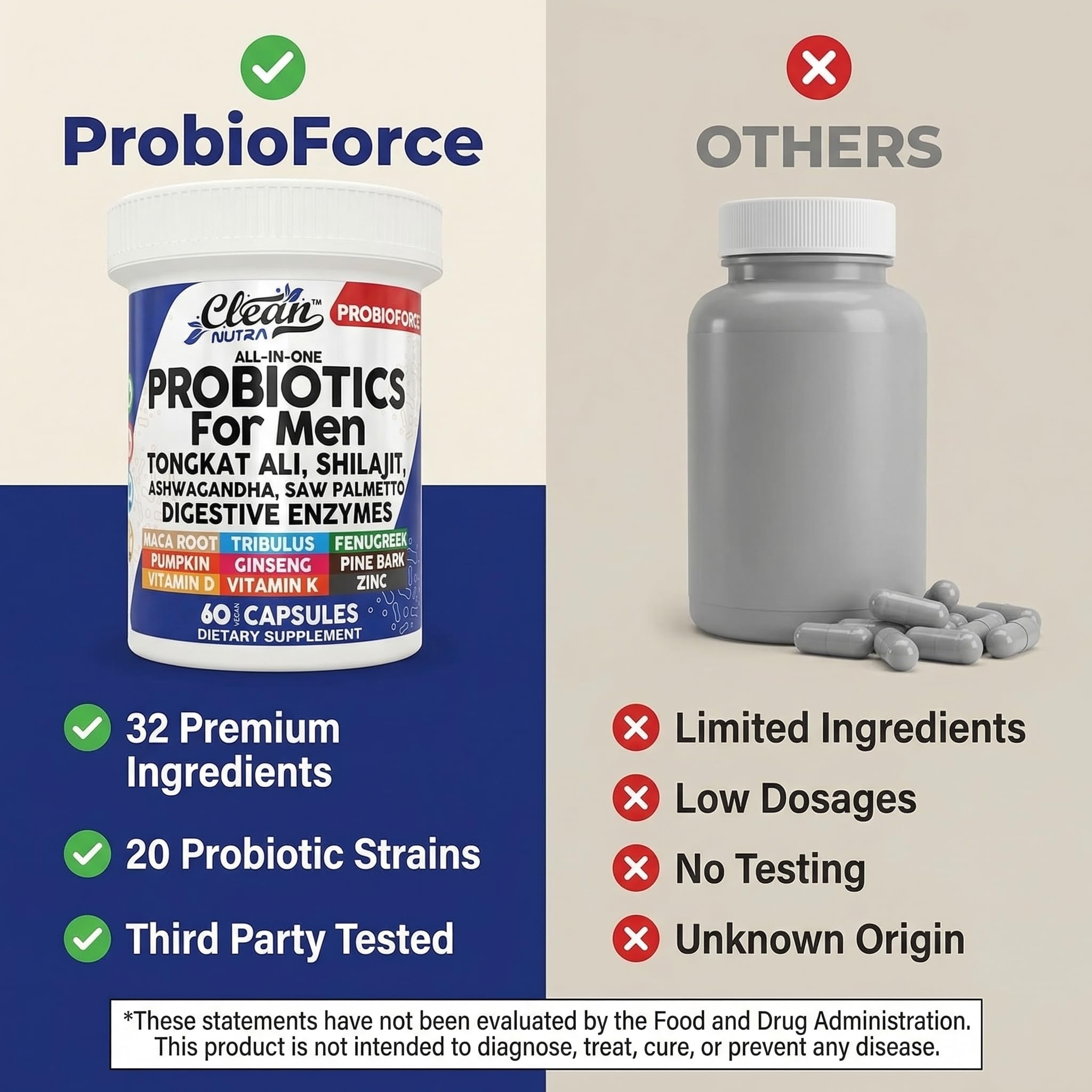 Clean Nutra tabla nutricional y lista de cepas probióticas visible
