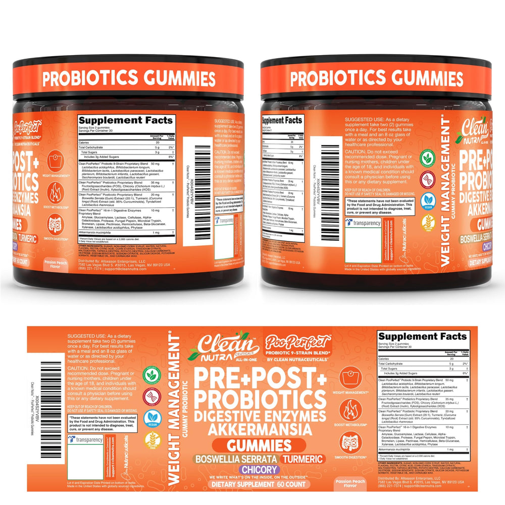 Clean Nutraceuticals gomitas en plato destacando sabor passion peach