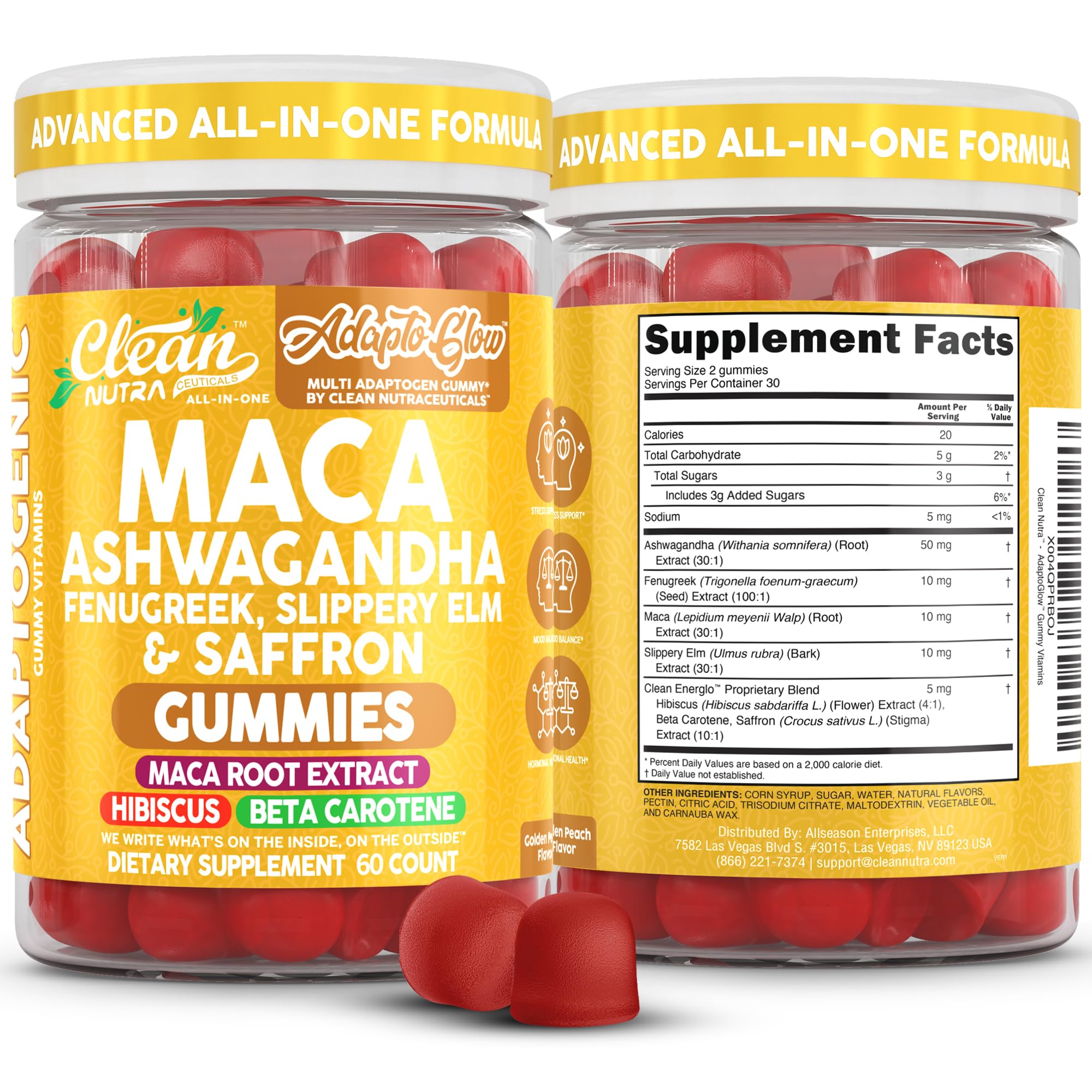 Clean Nutraceuticals frasco frontal mostrando gomitas veganas y diseño de etiqueta