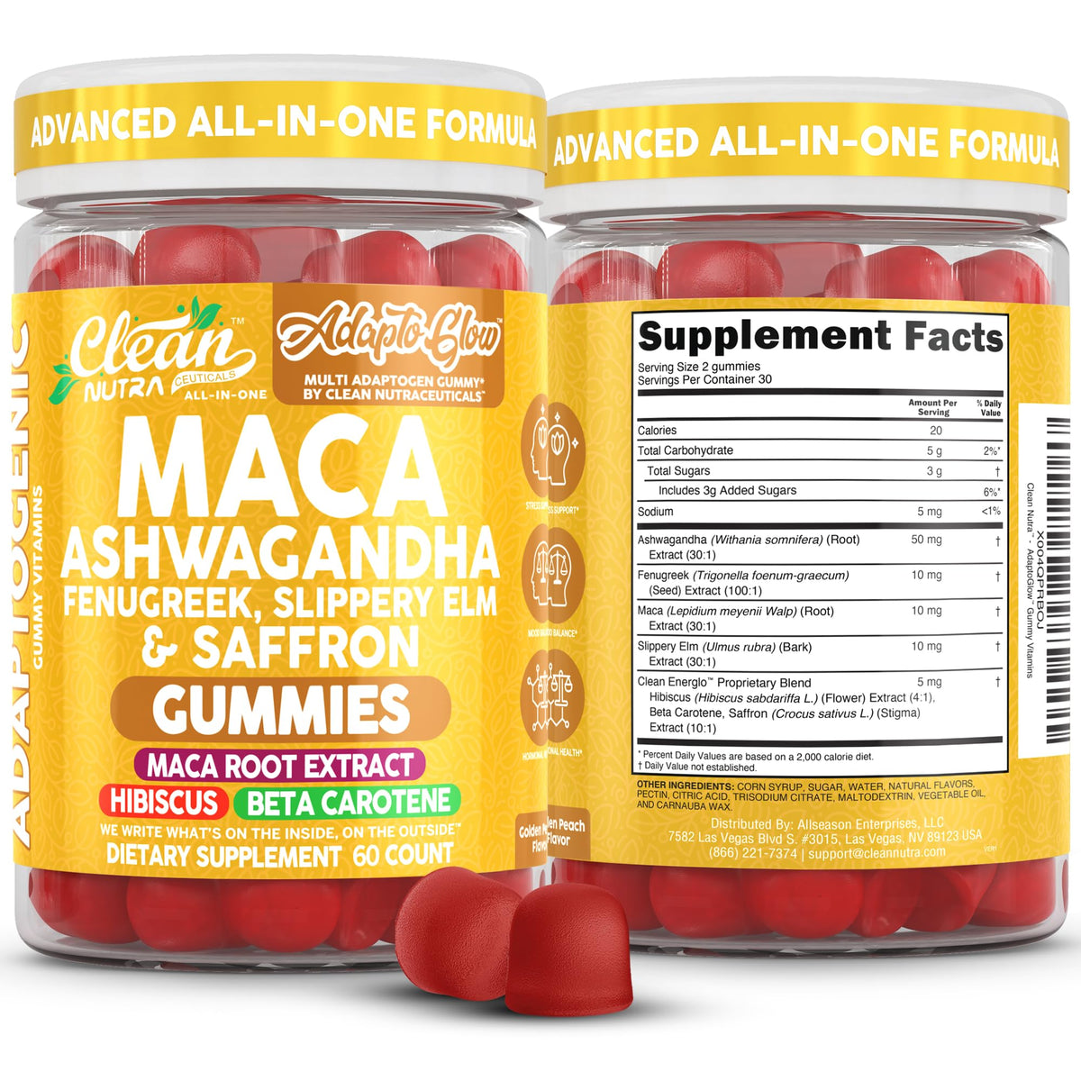 Clean Nutraceuticals frasco frontal mostrando gomitas veganas y diseño de etiqueta
