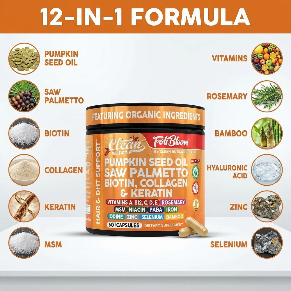 Ingredientes clave de Clean Nutra dispuestos: calabaza, saw palmetto y colágeno