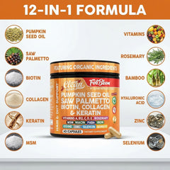 Ingredientes clave de Clean Nutra dispuestos: calabaza, saw palmetto y colágeno