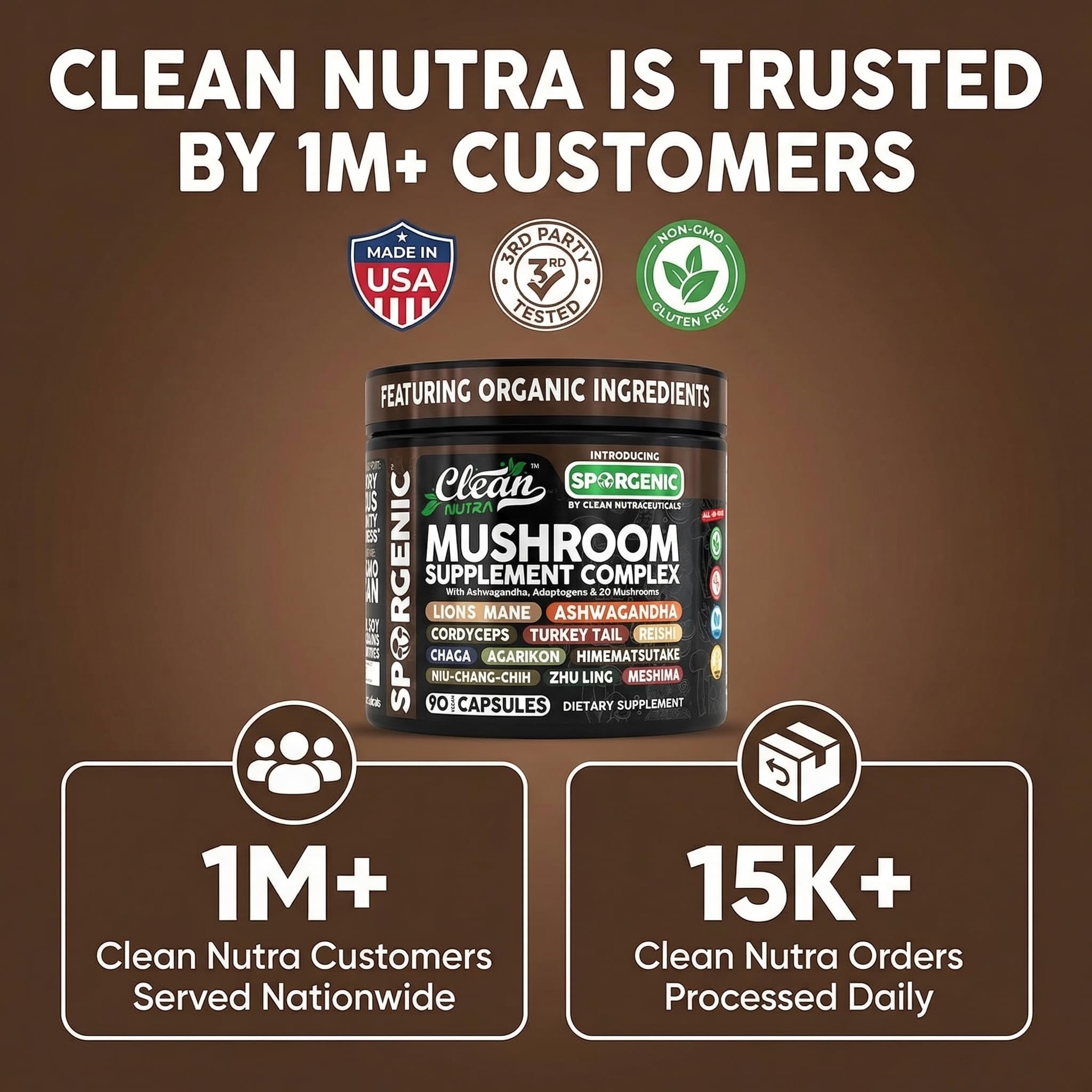 Clean Nutra disposición de hongos orgánicos destacando variedad del blend