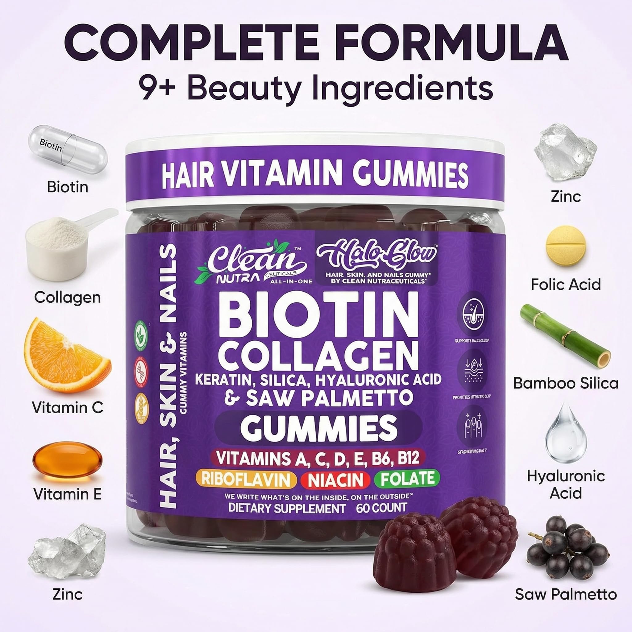 Ingredientes clave Clean Nutra: colágeno, biotina, keratina y ácido hialurónico visibles