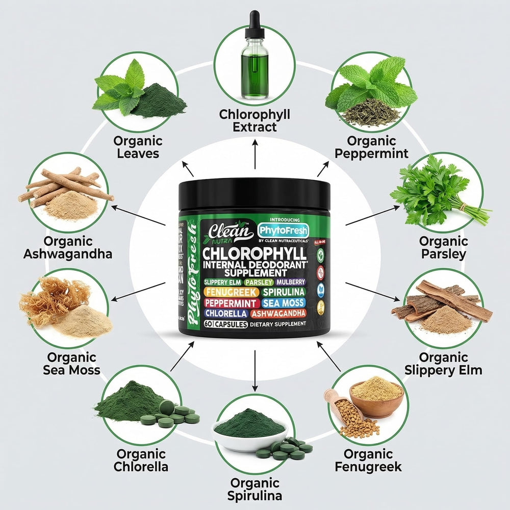 Clean Nutraceuticals ingredientes primarios dispuestos: algas y hierbas frescas