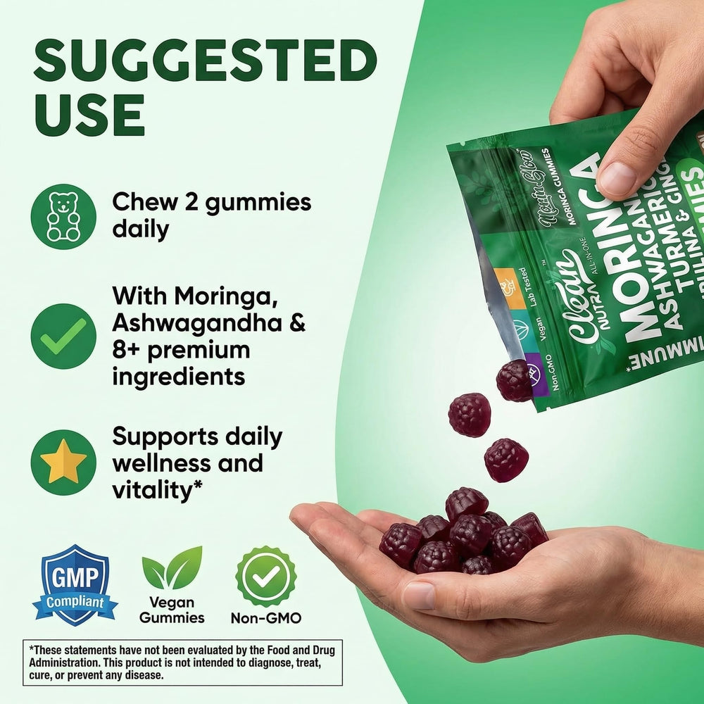 Etiqueta Clean Nutra moringa mostrando información de dosis y origen
