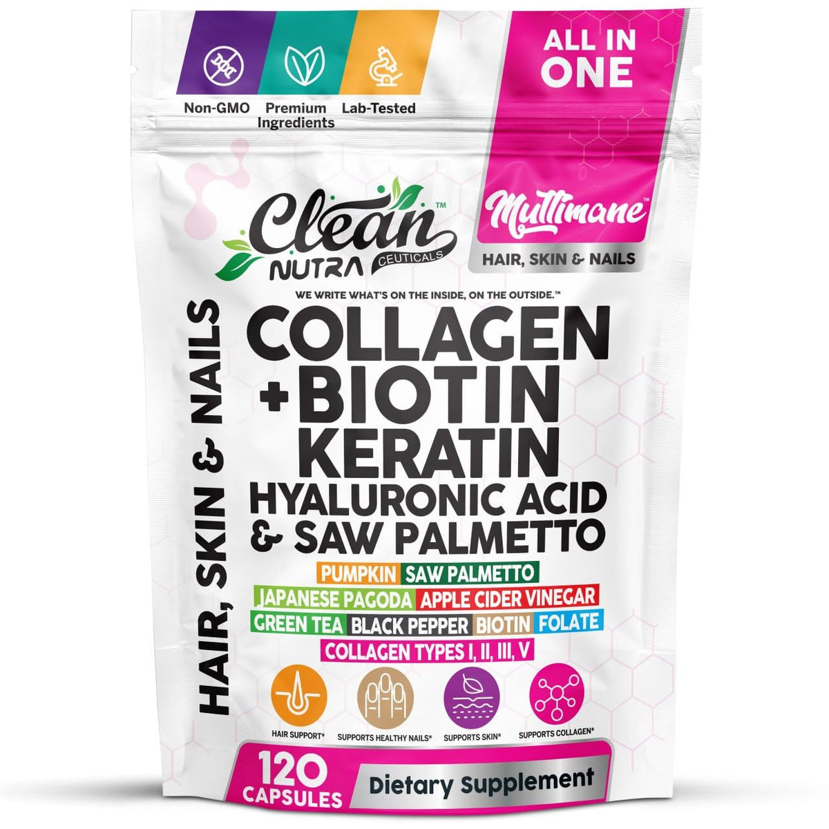 Clean Nutraceuticals frente del empaque mostrando fórmula completa y beneficios