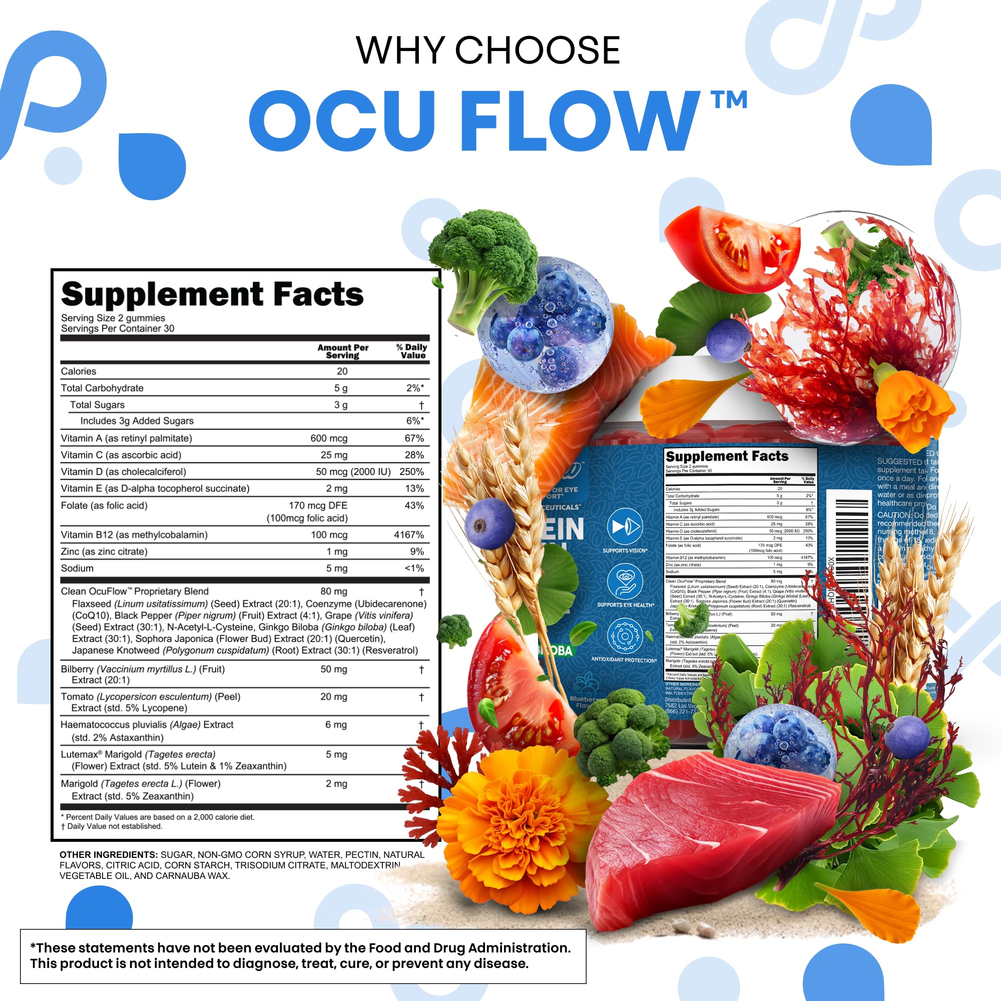Envase abierto con 60 gomitas OcuFlow Clean Nutraceuticals listo para uso diario