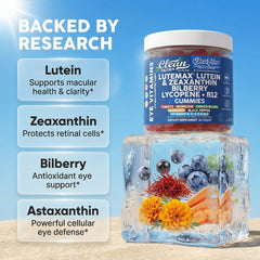 Detalle de ingredientes luteína y bilberry en etiqueta Clean Nutraceuticals para nutrición ocular