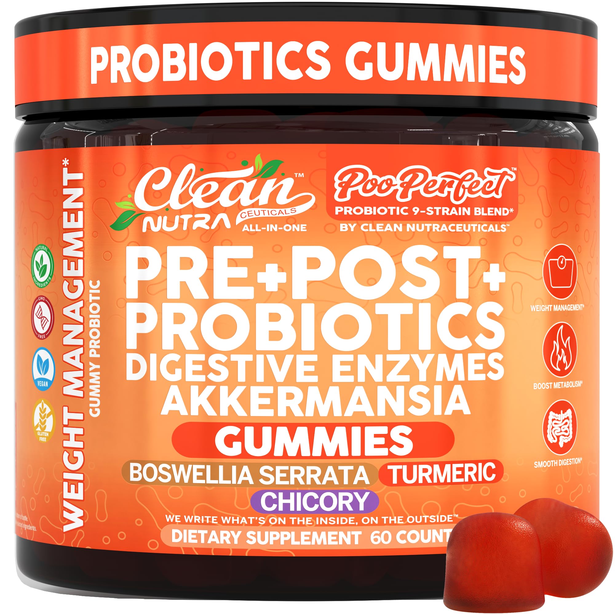 Clean Nutraceuticals botella frontal mostrando gomitas y diseño claro