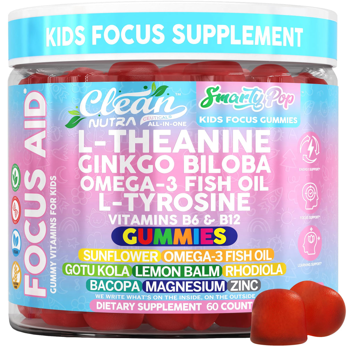 Clean Nutra empaque frontal mostrando 60 gomitas y etiqueta limpia