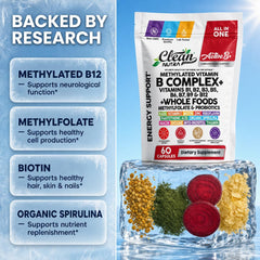 Clean Nutraceuticals etiqueta en primer plano con lista de vitaminas metiladas