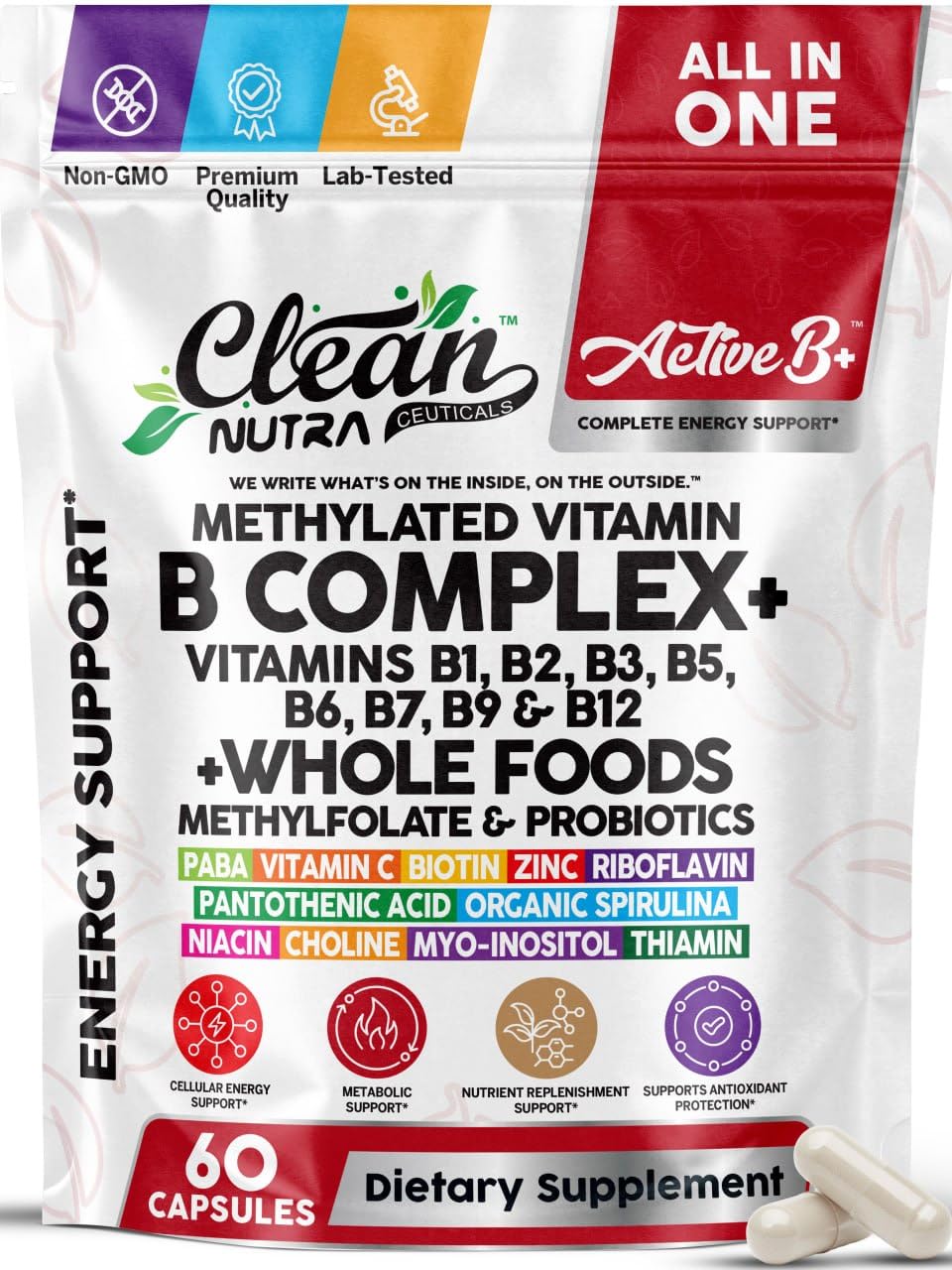 Clean Nutraceuticals frasco delantero mostrando la etiqueta clara y beneficios