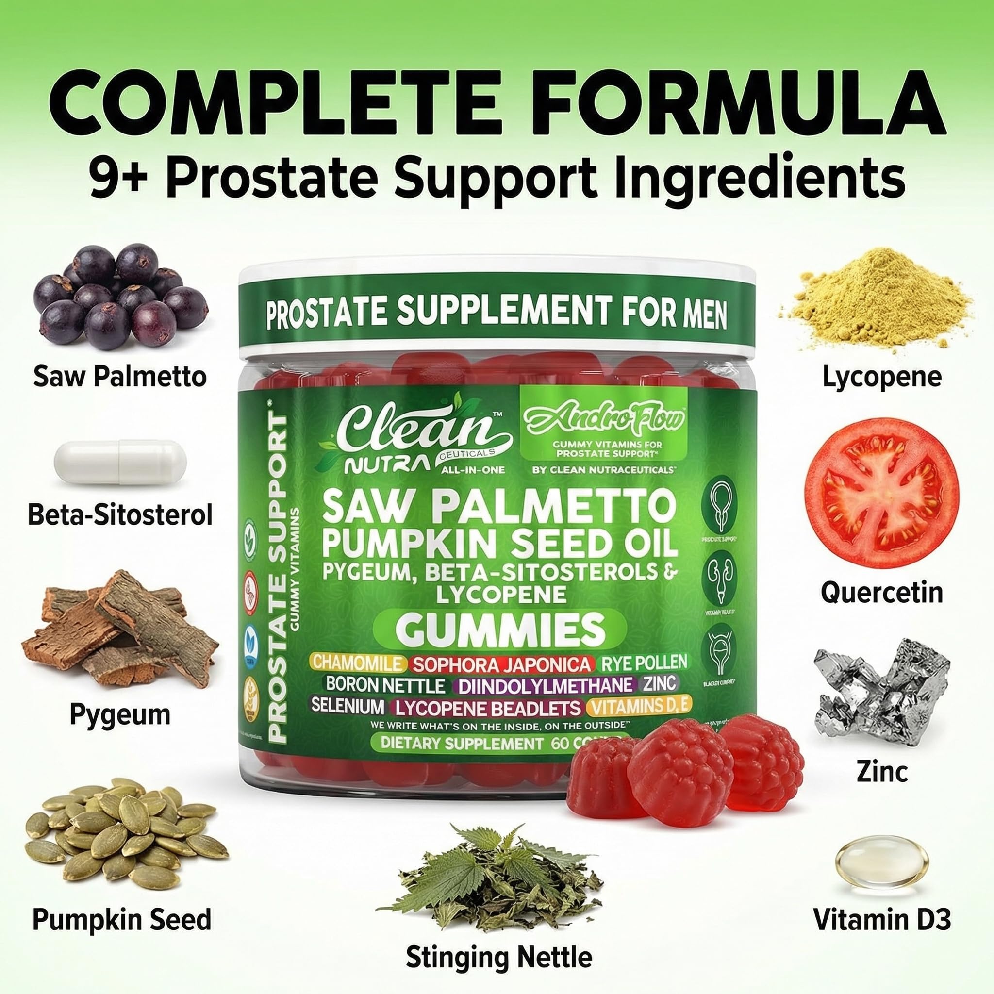 Clean Nutraceuticals: etiqueta de ingredientes resaltando saw palmetto y D3