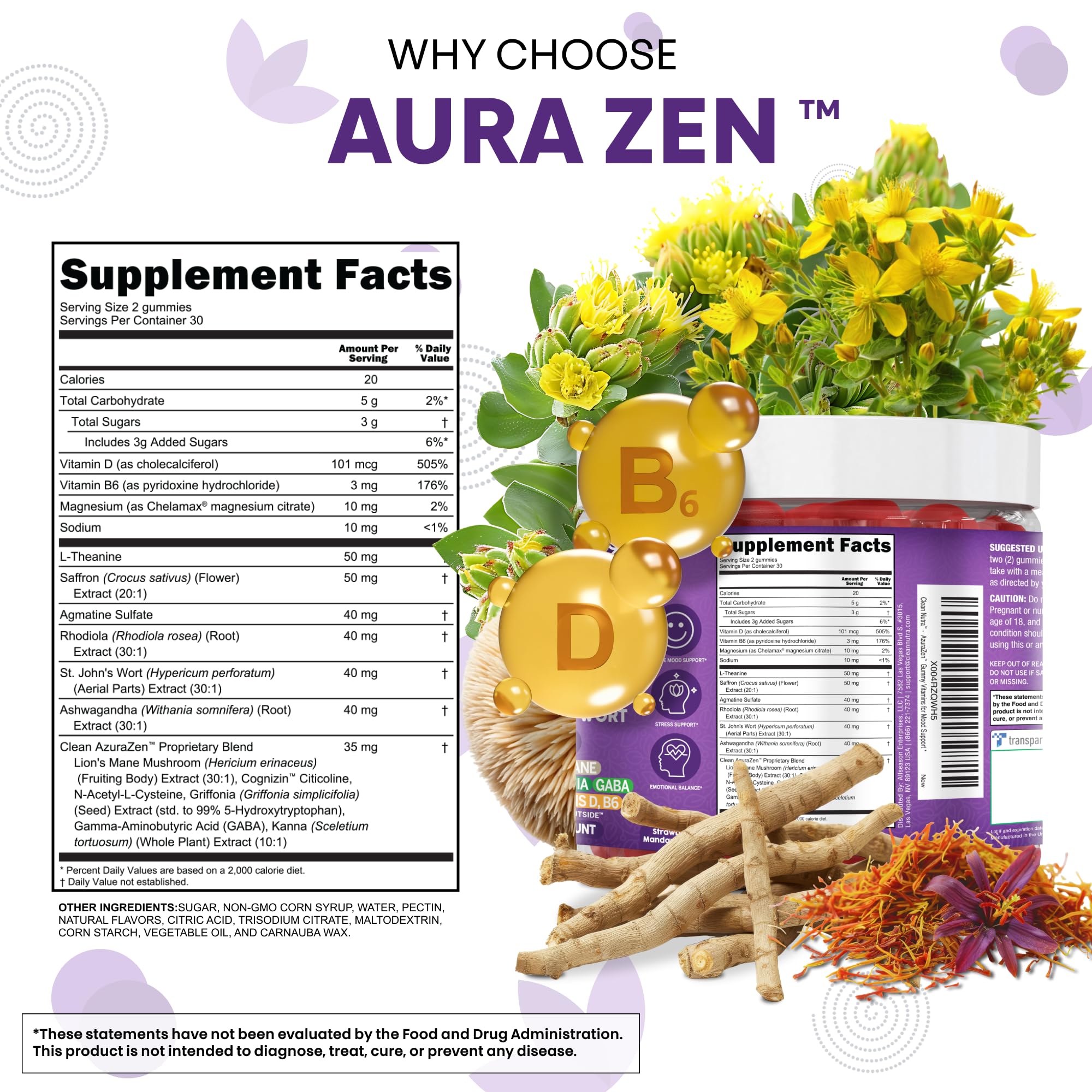 Clean Nutraceuticals etiqueta nutricional AuraZen resaltando vitaminas y magnesio