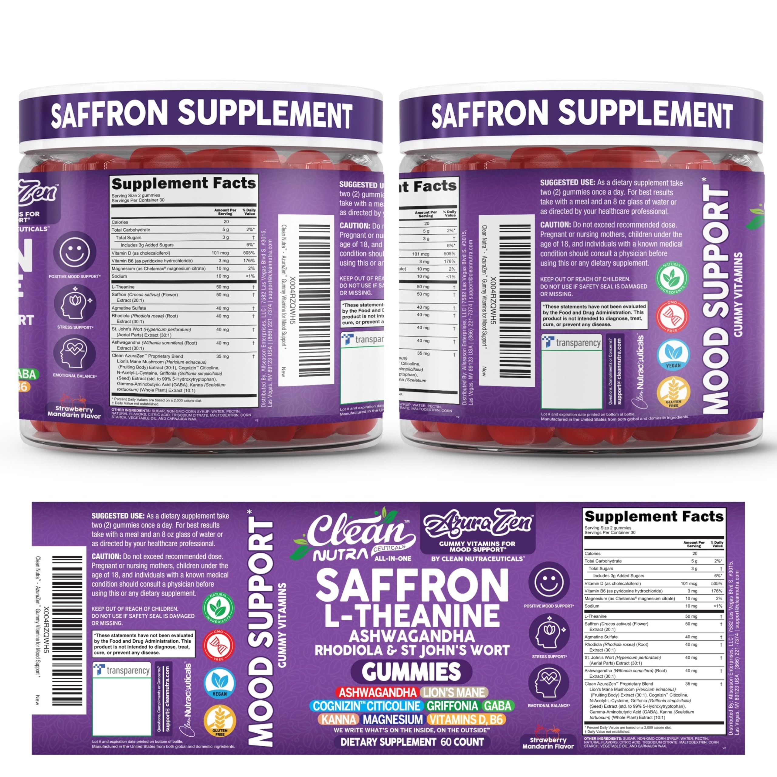 Clean Nutraceuticals gomitas AuraZen sabor fresa mandarina en primer plano atractivo