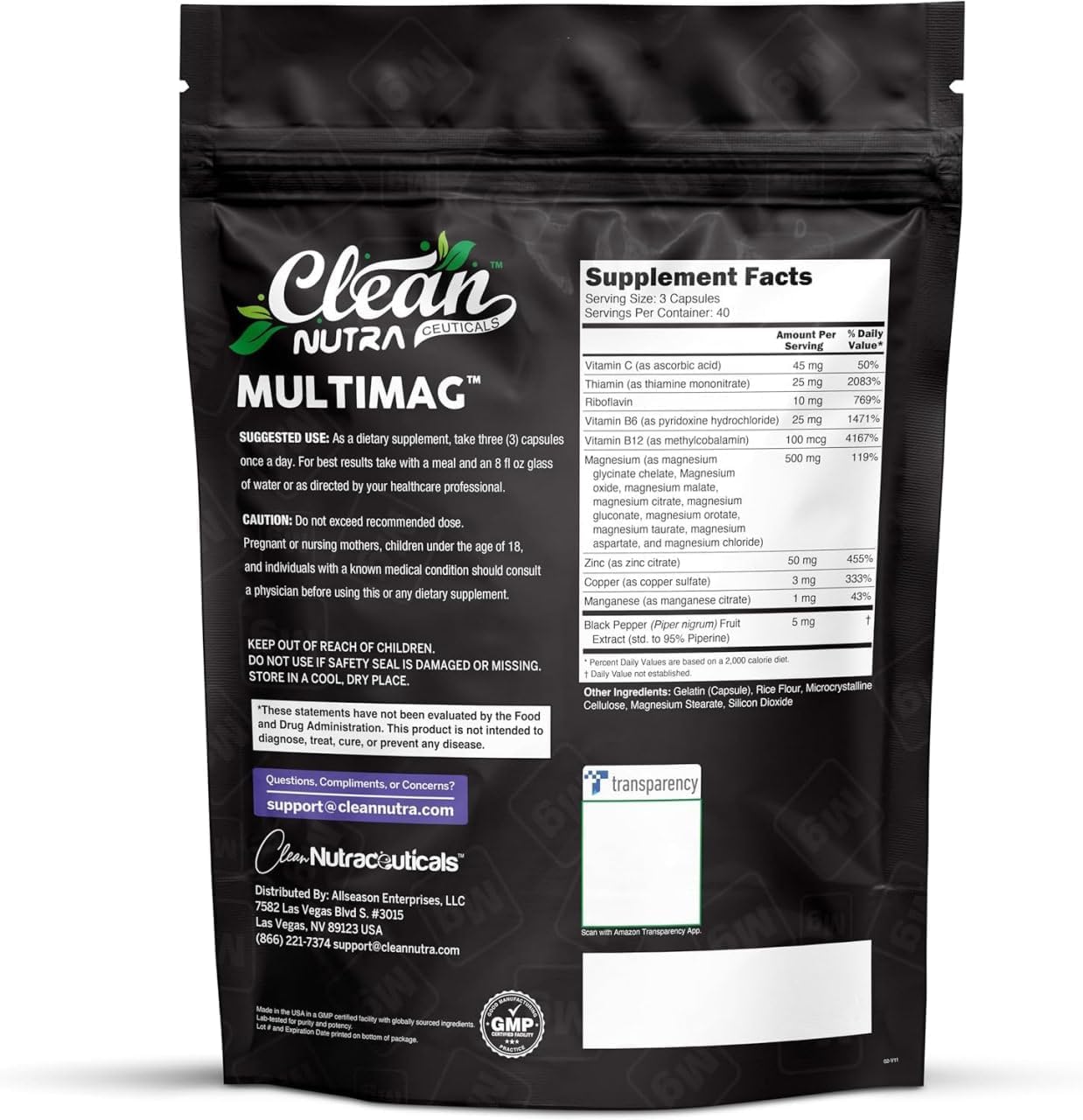 Clean Nutraceuticals bolsa abierta con 120 cápsulas resaltando almacenamiento seguro