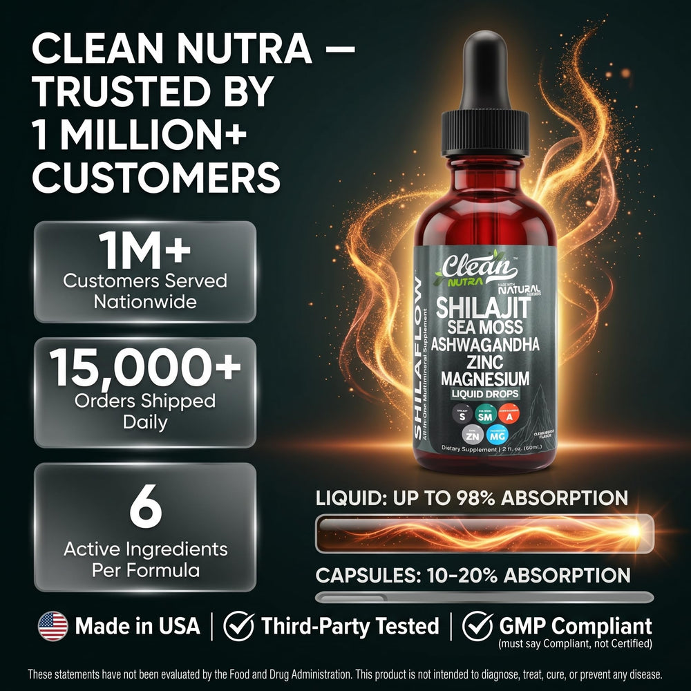 Clean Nutraceuticals frasco rodeado de sea moss y ashwagandha mostrando origen natural
