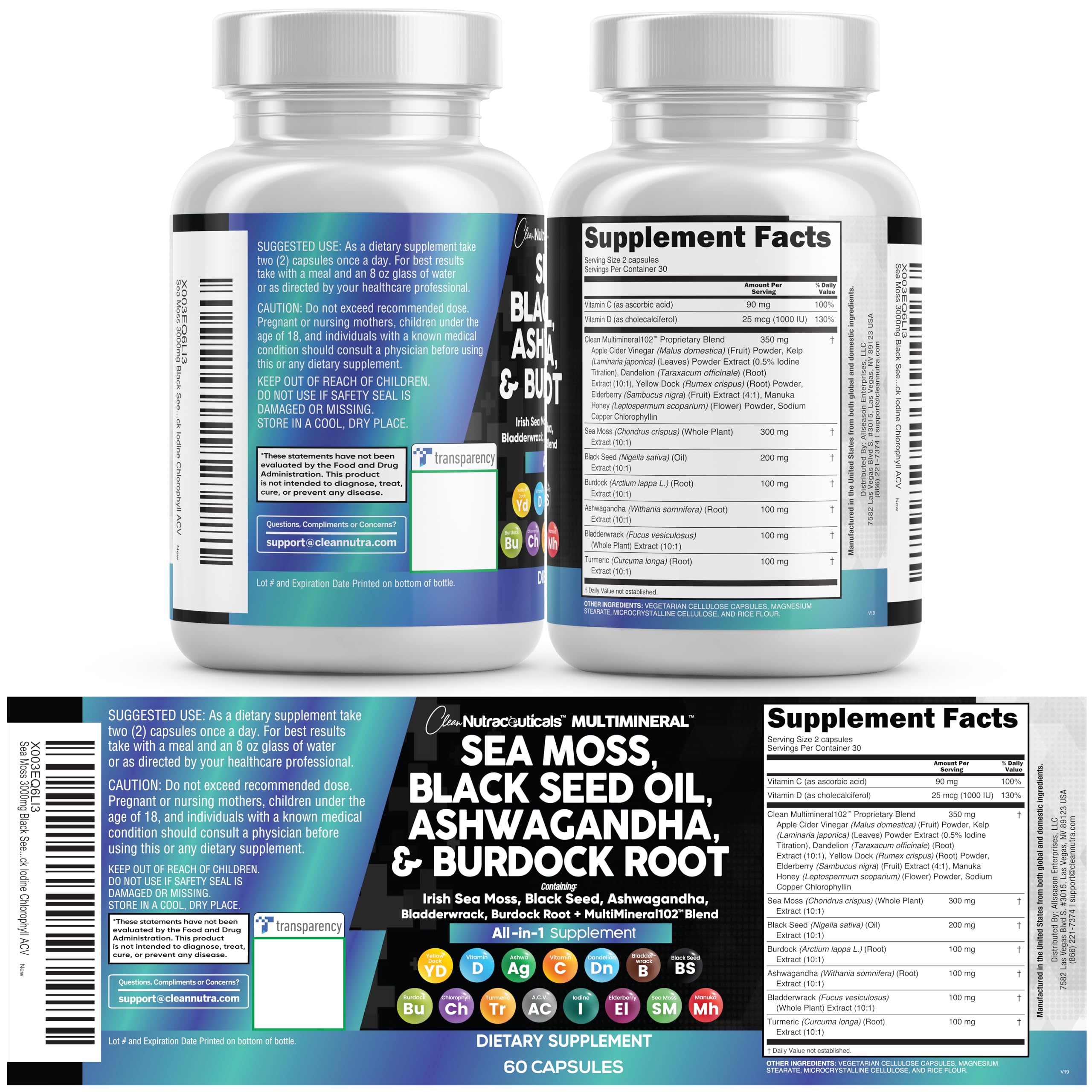Caja abierta Clean Nutraceuticals con cápsulas esparcidas mostrando contenido