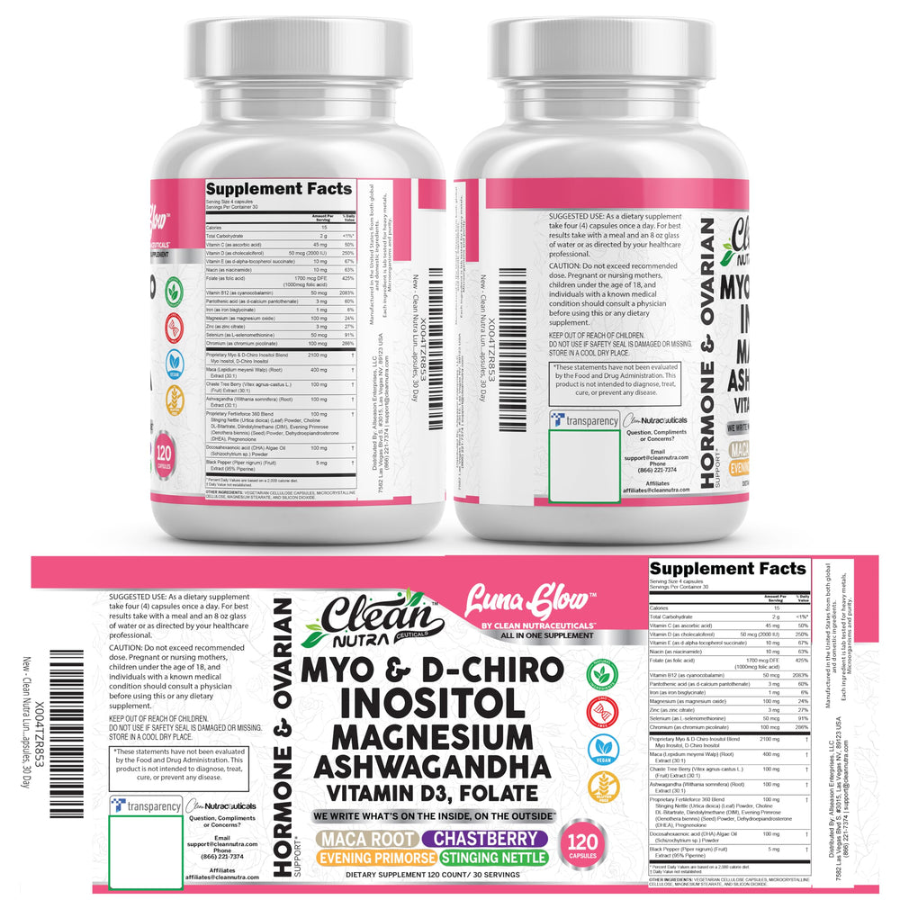 Clean Nutraceuticals cápsulas junto a maca, ashwagandha y prímula mostrando origen botánico