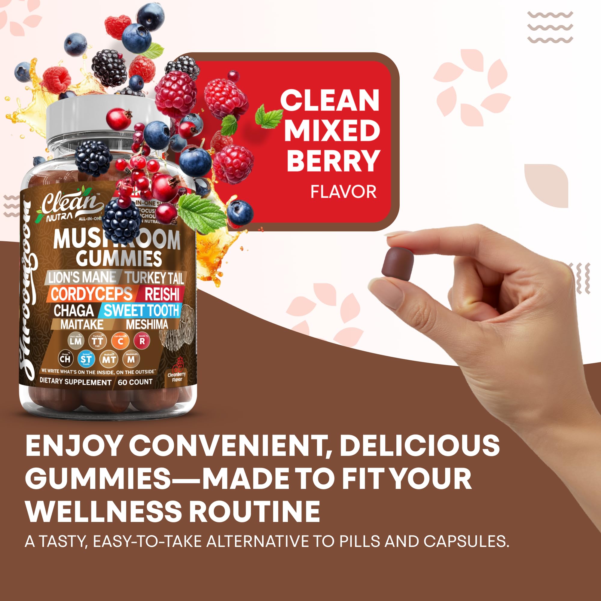 Tapas y dosificador del frasco Clean Nutraceuticals, almacenamiento seguro y práctico