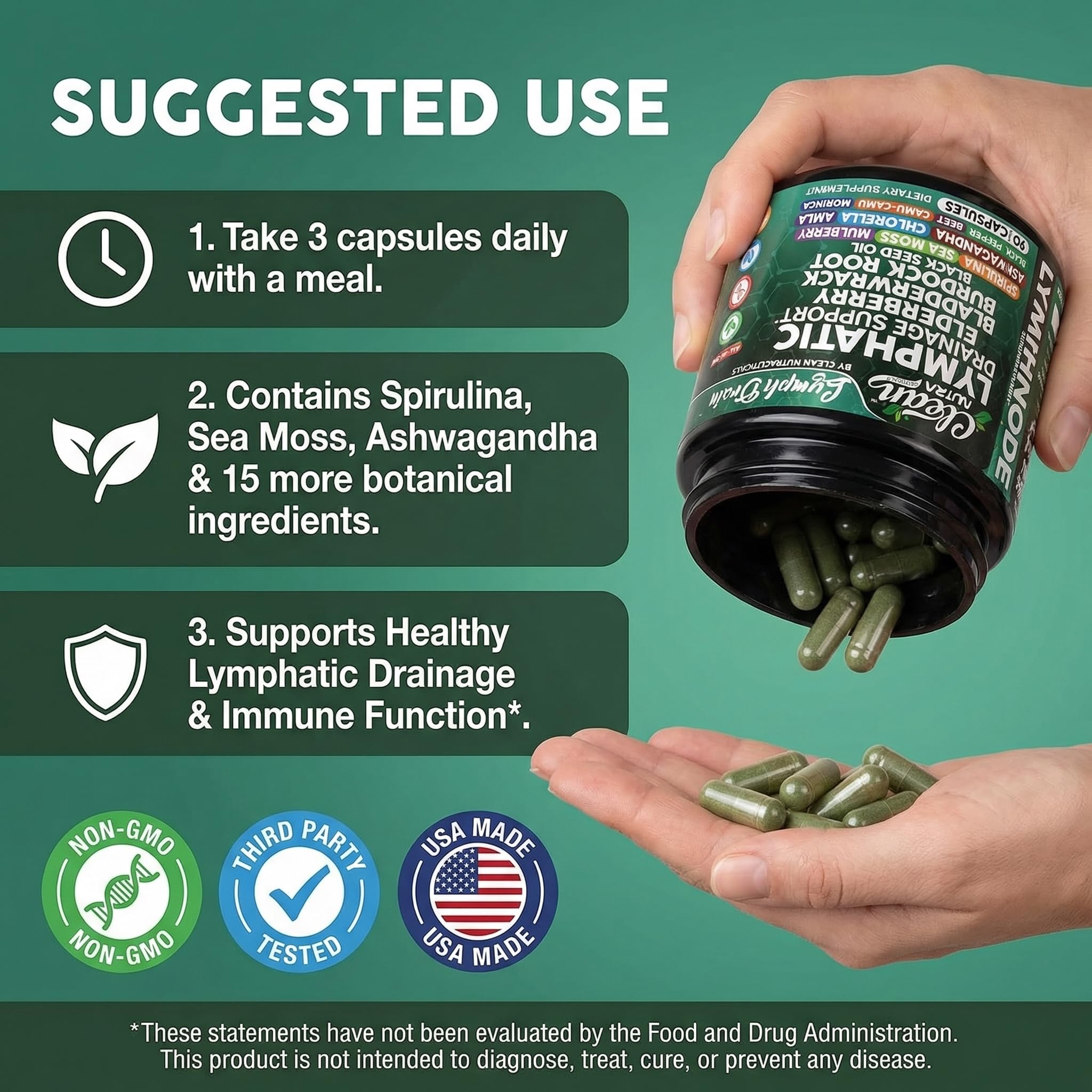 Clean Nutraceuticals cápsulas junto a mano para indicar tamaño y dosificación práctica